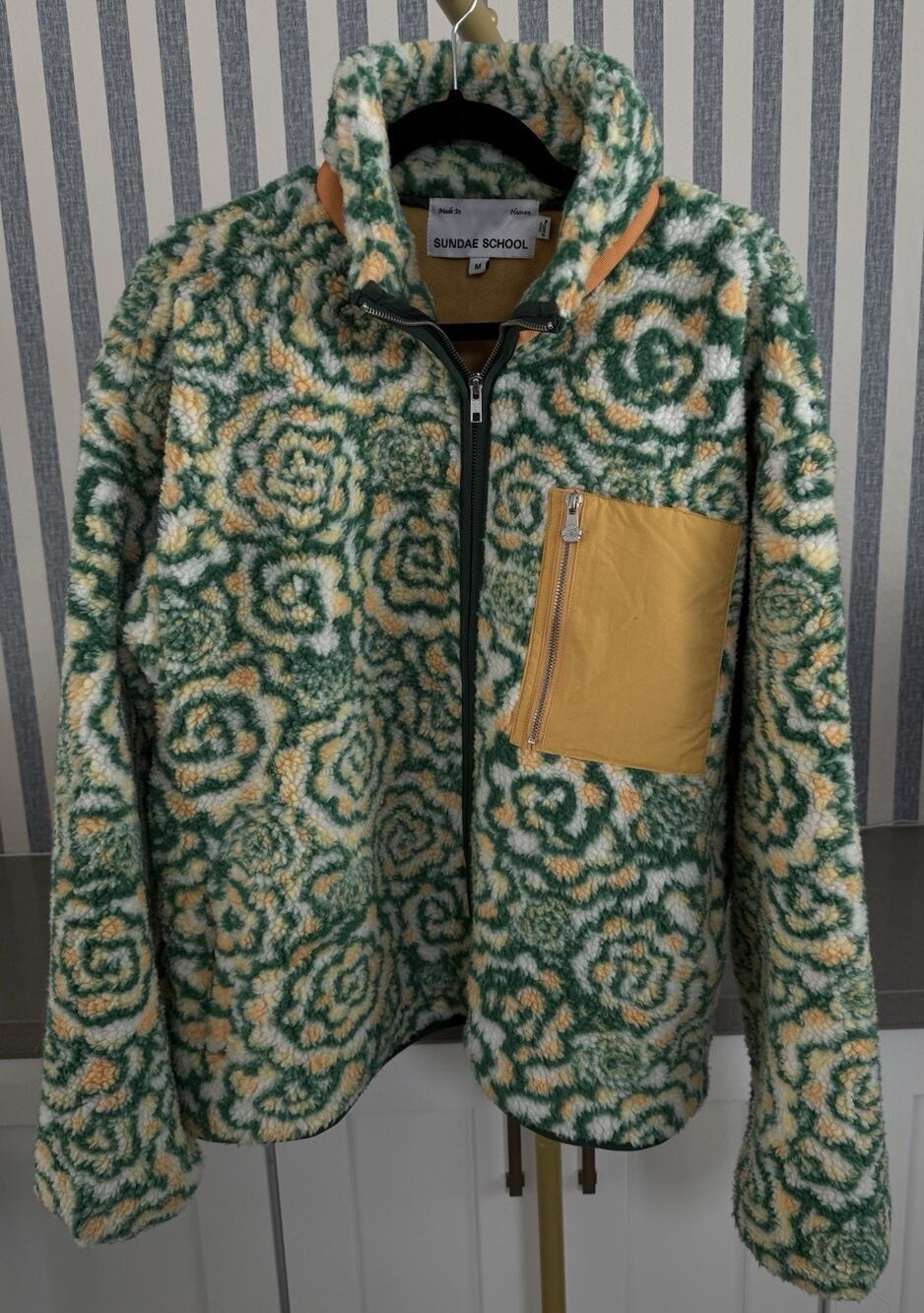 Sundae School Broccoli Fleece Sherpa Green Yellow Teddy Zip Up Jacket, Size M